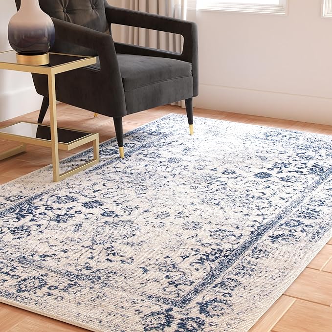 SAFAVIEH Area Rug 4x6 - Adirondack Collection - Ivory & Navy, Distressed Vintage Floral Design, Non-Shedding & Easy to Clean, Ideal for Living Room, Bedroom, Dining Space (ADR109M)
