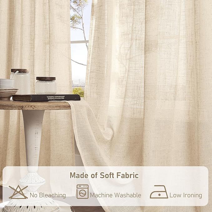 LAMIT Semi Sheer Window Linen Curtains 54 Inch Length, Light Filtering Panels Back Tab and Rod Pocket Neutral Drapes for Bedroom/Living Room, Linen, 2 Panels, 34 x 54 Inch