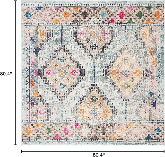 SAFAVIEH Madison Collection Area Rug - 6'7" Square, Blue & Yellow, Boho Diamond Distressed Design, Non-Shedding & Easy Care, Ideal for High Traffic Areas in Living Room, Bedroom (MAD418K)
