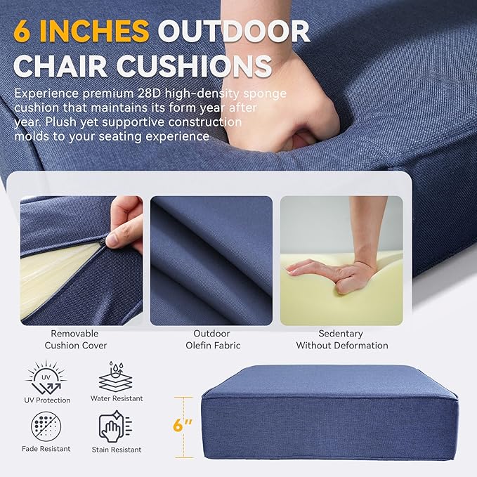 Outdoor Cushion Set for Furniture Patio Furniture, UV Resistant, Water Resistant - 6 Inch Thick Foam Garden Cushions– 24x24 Inch Patio Seat Covers for Chair/Sofa/Couch | Blue | 4-Pack |