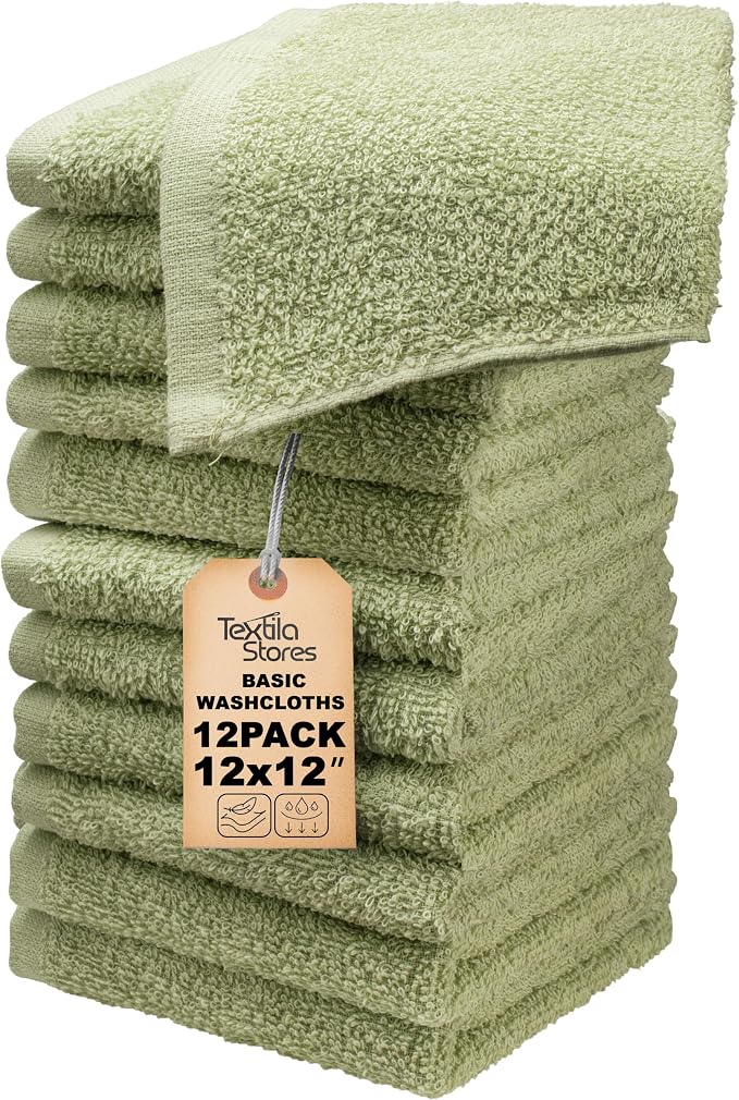 Basic Wash Cloths 12x12 Inches – Pack of 12 – Sage Green Color – Soft and by TEXTILA