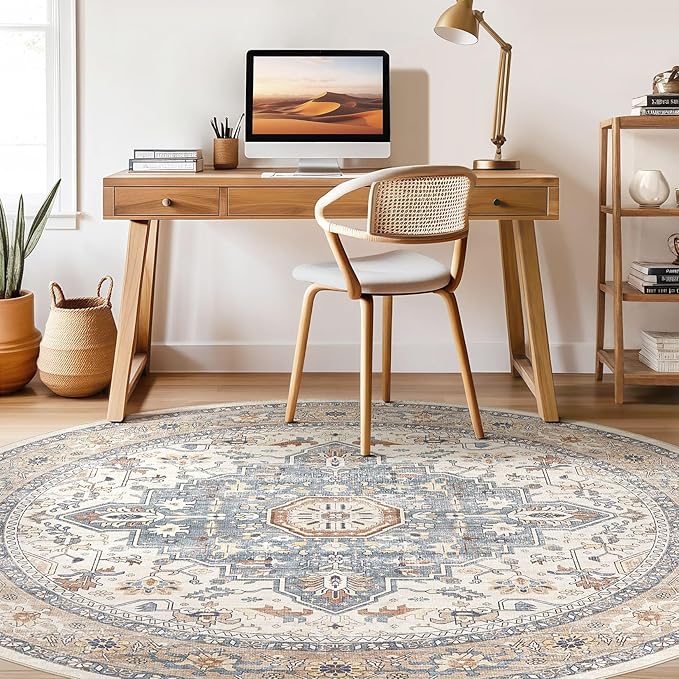 Round Rug Living Room Rugs: 5Ft Washable Boho Neutral Large Circle Soft Indoor Distressed Stain Resistant Floor Farmhouse Carpet for Bedroom Nursery Kids Playroom Office Dining Room Dorm- Beige Blue