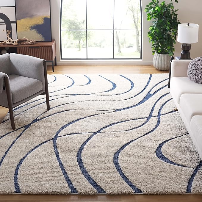 SAFAVIEH Florida Shag Collection X-Large Area Rug - 11' x 15', Cream & Blue, Non-Shedding & Easy Care, 1.2-inch Thick Ideal for High Traffic Areas in Living Room, Bedroom (SG471-1165)