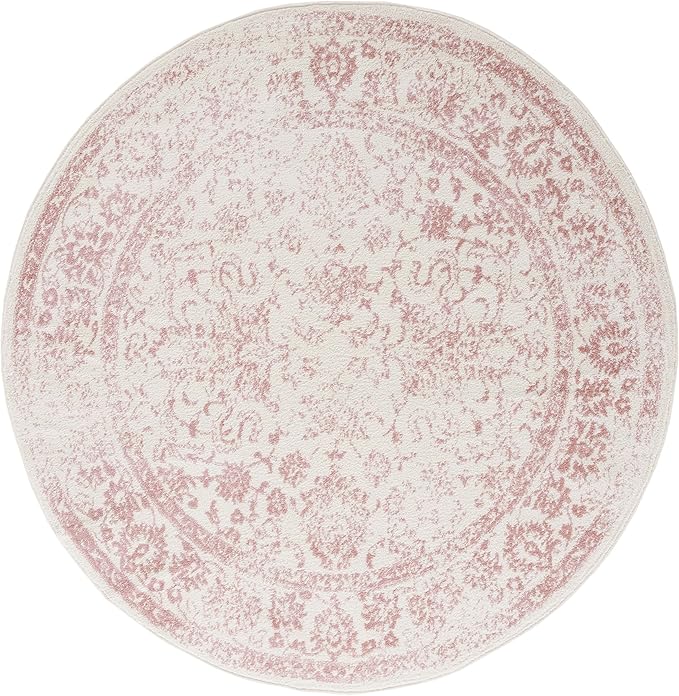 SAFAVIEH Adirondack Collection Area Rug - 8' Round, Ivory & Rose, Distressed Vintage Floral Design, Non-Shedding & Easy to Clean, Ideal for Living Room, Bedroom, Dining Space (ADR109H)