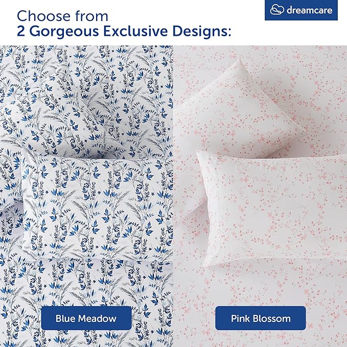 DREAMCARE King Size Sheets - Floral Sheets Bed Set - 4pcs King Sheet - Cooling Bed Sheets - King Size Sheet Sets - Soft & Long Lasting - Floral Blossom
