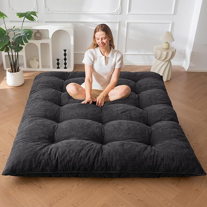 MAXYOYO Japanese Floor Mattress Queen Size, 6" Foldable Futon Mattress Tufted Roll Up Floor Bed, Thick Chenille Tatami Mat Sleeping Pad for Camping Guest Room Dormitory Bedroom RV, Black
