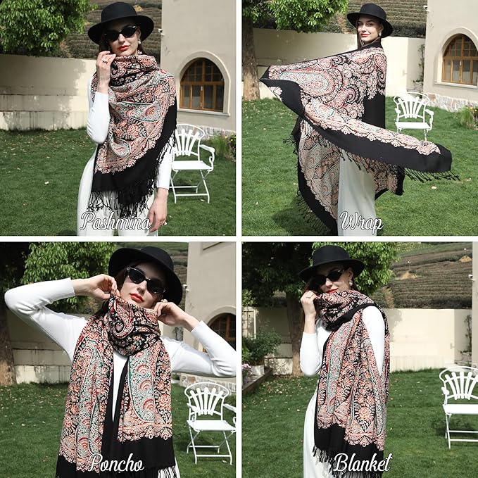 DANA XU 100% Merino Wool Extra Large Pashmina Blanket Travel Scarf Cashmere Wrap for Women Fall Winter Oversize Shawl Floral