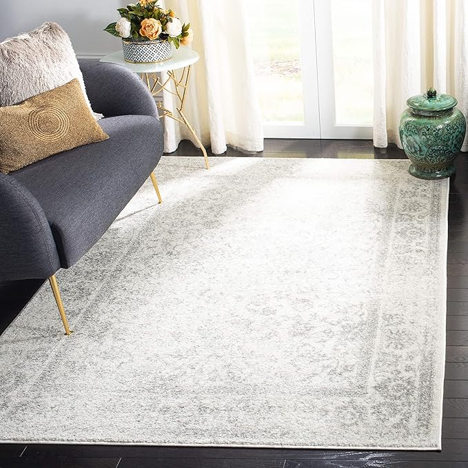 SAFAVIEH Adirondack Collection Area Rug - 3' Square, Ivory & Silver, Distressed Vintage Floral Design, Non-Shedding & Easy to Clean, Ideal for Living Room, Bedroom, Dining Space (ADR109C)