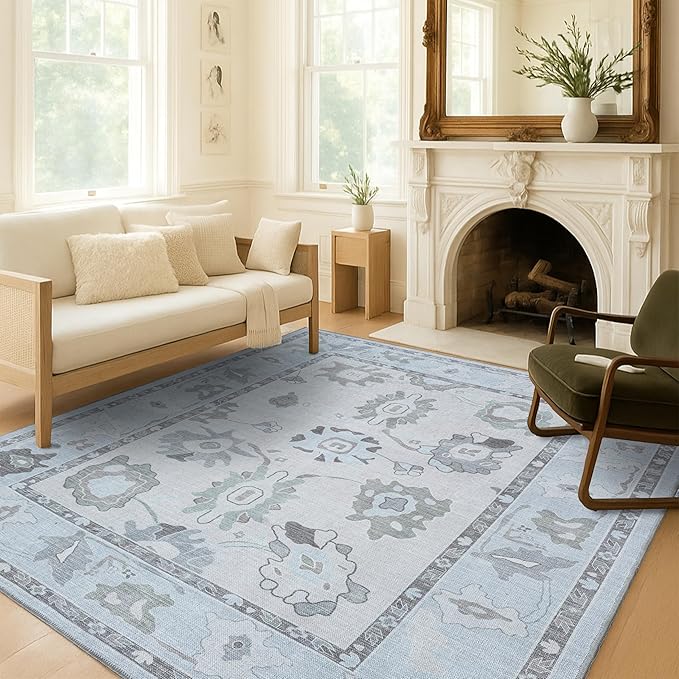 Fame Living Cream Beige Oushak Rug, Modern Small Rugs, Vintage, Turkish, Eclectic, Floral, Pastel, Washable, Door Mat, Doormat for Indoor Entrance, Entryway, Kitchen, Bathroom, Bedroom, Laundry, 2'x3'