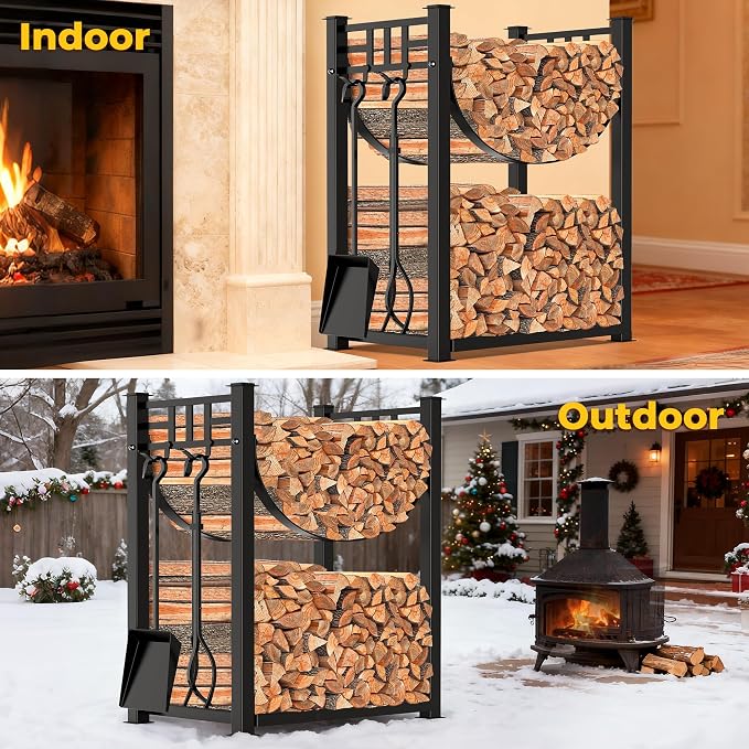 AMAGABELI GARDEN & HOME 31.6in Large Firewood Rack Fireplace Tools Set Wood - Image 6