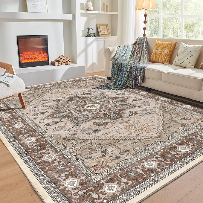 OPPODREAM Thin Area Rugs 3x5, Washable Rugs with Non Slip Backing, Low-Pile Throw 3x5 Carpet, Faux Cashmere 3 x 5 Carpet, Brown