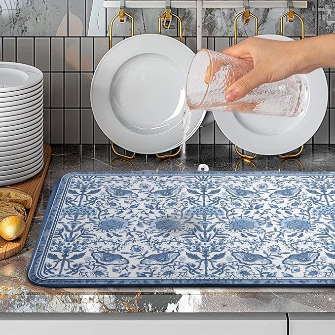 Blue Floral Dish Drying Mat for Kitchen Counter Boho Flowers Dishes Drainer - Image 2