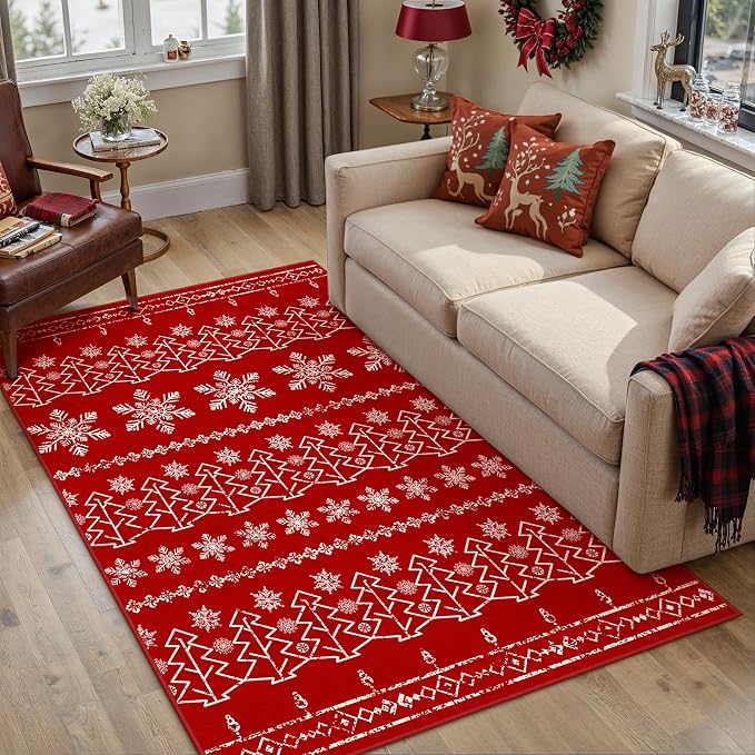 Christmas Area Rug 4x6 Red Washable Office Carpet Xmas Snowflake Holiday Decor by PureCozy