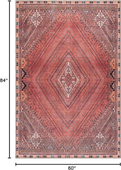 Bloom Rugs Washable Non-Slip 5' x 7' Rug - Red/Multicolor Traditional Bordered Area Rug for Living Room, Bedroom, Dining Room, and Kitchen - Exact Size: 5' x 7'