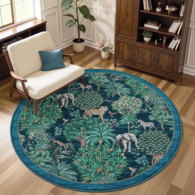 GarveeHome Jungle Round Washable Rugs 4ft Non-Slip Soft Round Rug - Image 2
