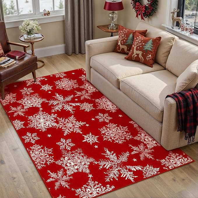 Red Area Rug 4x6 Christmas Office Carpet Snowflake Washable Doormat Xmas by PureCozy