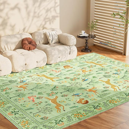 DUKINO 5x7 Rug, Washable Animal Living Room Rug with Non Slip Vintage Design, Soft Low Pile Large Carpet for Bedroom, Nursery, Dining Room, Farmhouse, Playroom, Light Green