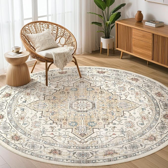 Round Rug Living Room Rugs: 6Ft Washable Boho Neutral Large Circle Soft Indoor Floral Stain Resistant Floor Farmhouse Carpet for Bedroom Nursery Kids Playroom Office Dining Room Dorm Home- Cream Blue