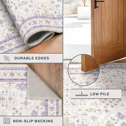 8x10 Large Lavender Rug for Bedroom, Floral Area Rug for Living Room, Dinning Room Under Table, Cute Fantasy Décor, Non Slip Low Pile Stain Resistant Washable Foldable Carpet