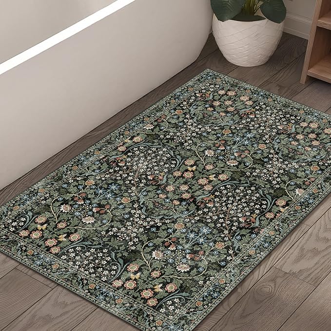MUJOO 2x3 Washable Rug,Floral Small Area Rugs for Bathroom Entryway Entry Bedroom Bedside,Boho Front Door Mat Indoor Entrance Throw Carpet Botanical Vintage Non Slip Ultra-Thin Black and Green