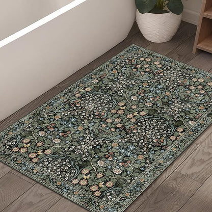 MUJOO 2x3 Washable Rug,Floral Small Area Rugs for Bathroom Entryway Entry Bedroom Bedside,Boho Front Door Mat Indoor Entrance Throw Carpet Botanical Vintage Non Slip Ultra-Thin Black and Green