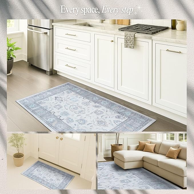 Fame Rugs Gray Modern Oushak Rug 2x3, Vintage Doormat Turkish Colorful Oriental Antique Inspired Washable Small Area Rug, Luxury Living Room Bedroom (384GB, 2' x 3')