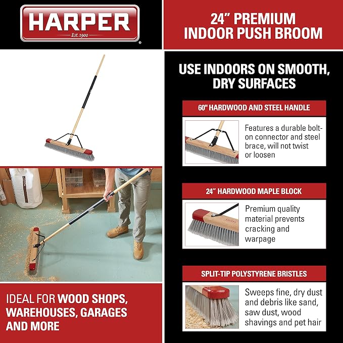 Harper 24 Inch Indoor Push Broom, Premium Heavy Duty Smooth-Surface Floor - Image 2
