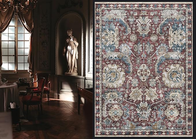 RUGSURE Washable Area Rugs - Perfect for Living Room, Bedroom, Kids Room, Nursery - Stain & Water Resistant Non-Slip, Pet & Child Friendly, Vintage Tribal Area Rugs (Rust and Blue, 6' x 9')