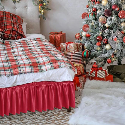 Biscaynebay Wrap Around Bed Skirts for King & Cal King Beds 15" Drop, Christmas Red Adjustable Elastic Dust Ruffles Easy Fit Wrinkle & Fade Resistant Silky Luxurious Fabric Machine Washable