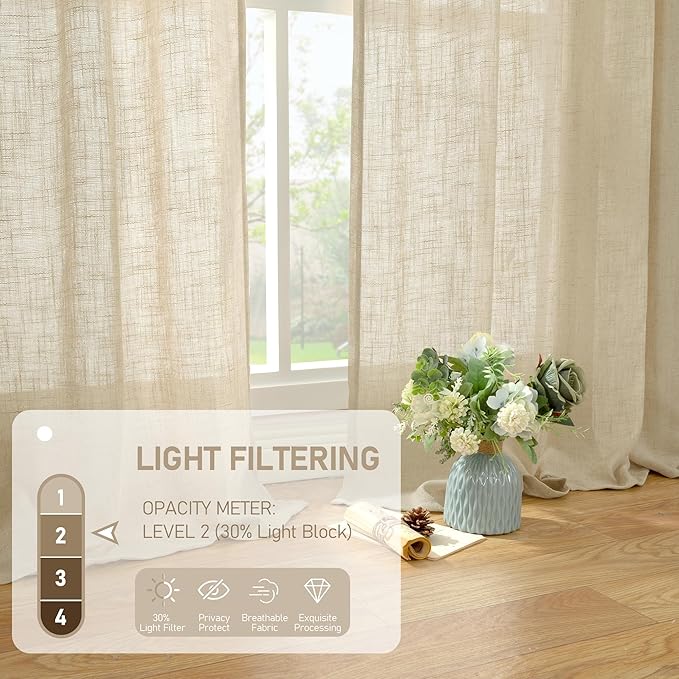 LAMIT Semi Sheer Window Linen Curtains 54 Inch Length, Light Filtering Panels Back Tab and Rod Pocket Neutral Drapes for Bedroom/Living Room, Linen, 2 Panels, 34 x 54 Inch
