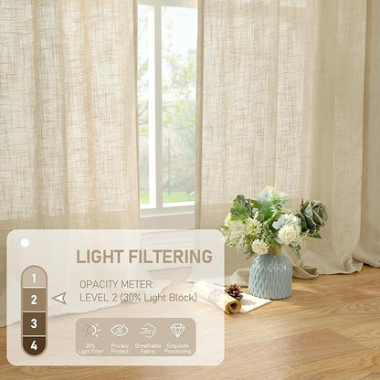 LAMIT Small Cafe Linen Curtains 36 Inches Long, Semi Sheer Light Filtering Panels Back Tab and Rod Pocket Small Cafe Drapes for Basement/Window/Loft Room, Linen, 2 Panels, 34 x 36 Inch