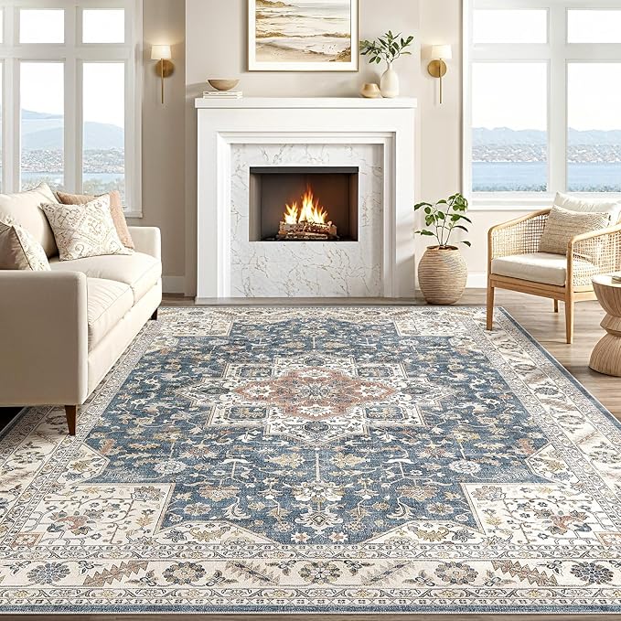 Vintage Living Room Area Rug 5x7 - Large Soft Washable Oriental Traditional Distressed Farmhouse Rugs for Bedroom - Indoor Floor Accent Carpet for Home Office House Decor - Vintage Blue