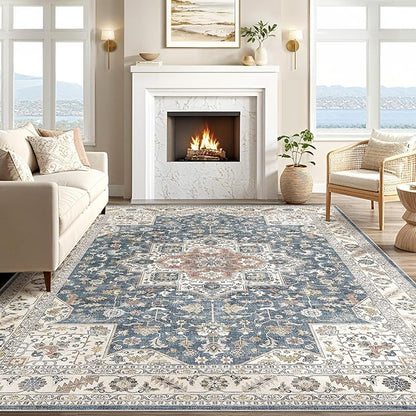 Vintage Living Room Area Rug 5x7 - Large Soft Washable Oriental Traditional Distressed Farmhouse Rugs for Bedroom - Indoor Floor Accent Carpet for Home Office House Decor - Vintage Blue