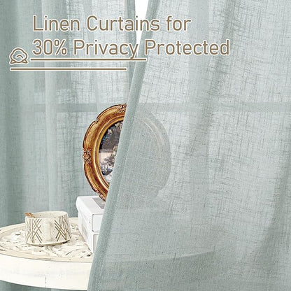 LAMIT Semi Sheer Linen Curtains 48 Inch Length, Light Filtering Panels Back Tab and Rod Pocket Neutral Drapes for Kitchen/Window/Loft Room, Greyish Blue, 2 Panels, 34 x 48 Inch