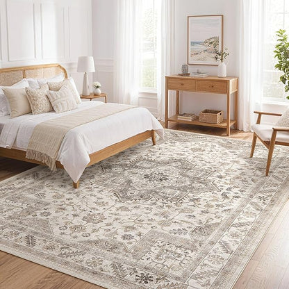 Vintage Living Room Area Rug 7x9 - Large Soft Washable Oriental Traditional Distressed Farmhouse Rugs for Bedroom - Indoor Floor Accent Carpet for Home Office House Decor - Light Brown