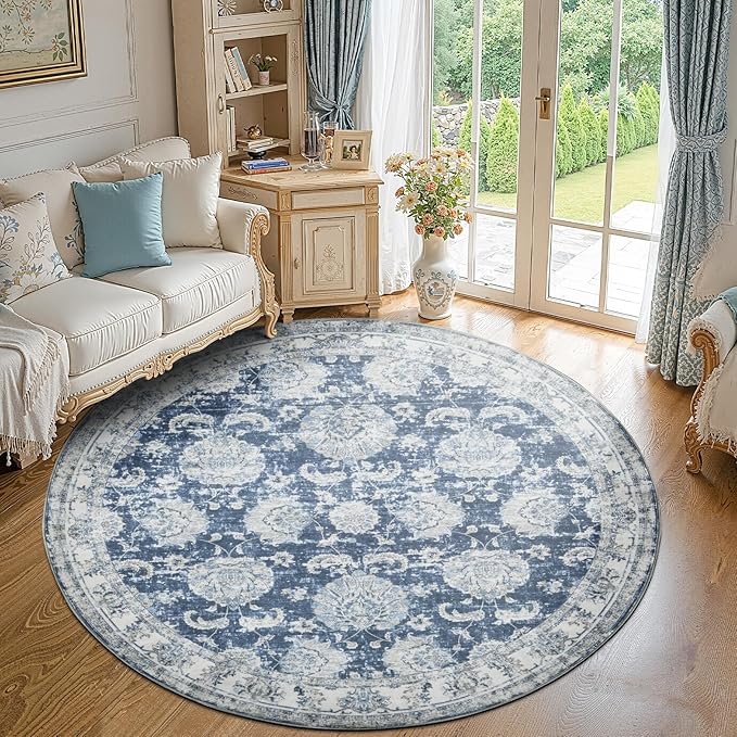 jinchan Fiora Round Rug 8ft Area Rug - Dark Blue Vintage Floor Mat Indoor Ultra-Thin Soft Floral Print - Washable Circle 8' Retro Accent for Farmhouse Non Slip Dining Room Living Room Bedroom Office