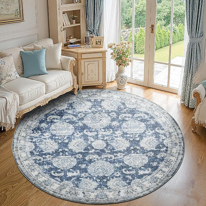 jinchan Fiora Round Rug 8ft Area Rug - Dark Blue Vintage Floor Mat Indoor Ultra-Thin Soft Floral Print - Washable Circle 8' Retro Accent for Farmhouse Non Slip Dining Room Living Room Bedroom Office
