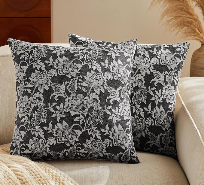 Floral Jacquard Throw Pillow Covers Set of 2, Background/Charcoal 16x16 Inch, Farmhouse Decorative Cotton Dark Grey Cushion Covers for Sofa Bed Living Room Home Decor