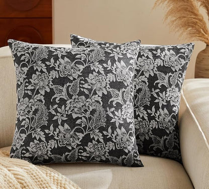 Floral Jacquard Throw Pillow Covers Set of 2, Background/Charcoal 16x16 Inch, Farmhouse Decorative Cotton Dark Grey Cushion Covers for Sofa Bed Living Room Home Decor