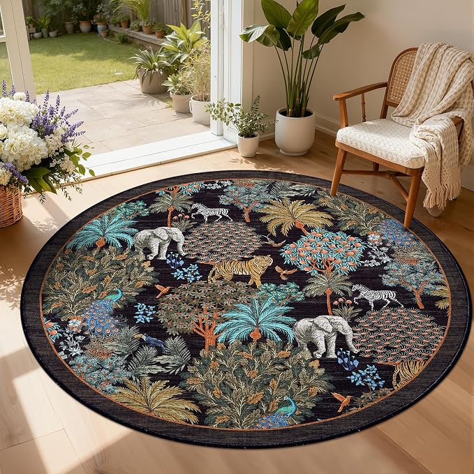 GarveeHome Jungle Round Washable Rugs 4ft Non-Slip Soft Round Rug - Image 3