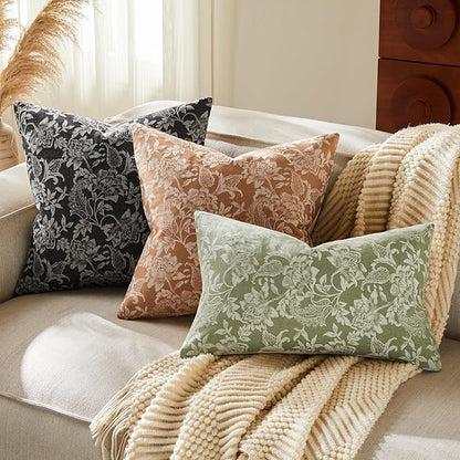 Floral Jacquard Throw Pillow Covers Set of 2, Background/Charcoal 16x16 Inch, Farmhouse Decorative Cotton Dark Grey Cushion Covers for Sofa Bed Living Room Home Decor