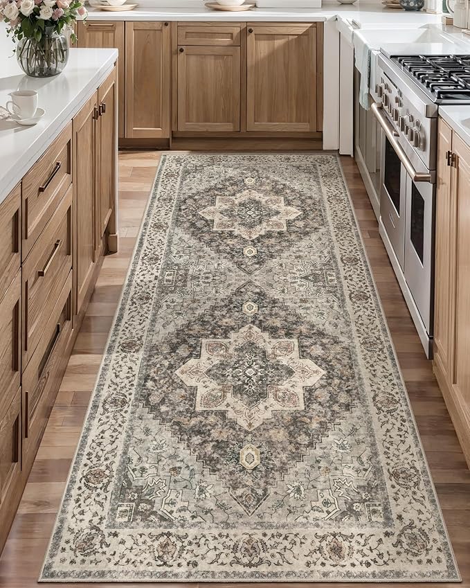 Tangsoo 2x6 Washable Runner Rug for Hallways, Non Slip Vintage Runner, Soft Low Pile Long Rug Runner, Print Distressed Grey Carpet Runners for Kitchen Bedroom Entryway Bathroom Living Room