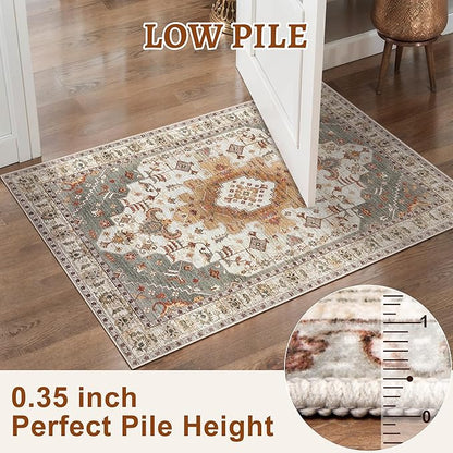 Tangsoo Vintage Rug 2x3 Washable for Entryway, Non Slip Small Area Rug, Indoor Front Door, Print Distressed Turmeric Door Mat Carpet, Soft Low Pile Rugs for Entrance Kitchen Bedroom Bathroom