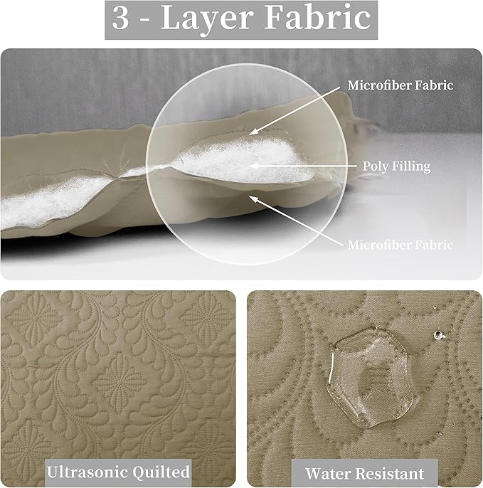 Easy-Going Twin Size Reversible Quilt Set with 1 Quilt and 1 Pillow Sham, Soft Bed Quilt Cover, Water Resistant Lightweight Microfiber Bedspread, Stain Resistant, Olive Leaf-Beige/Beige