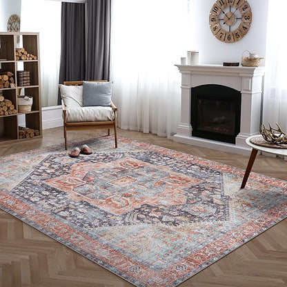 Bloom Rugs Washable Non-Slip 9' x 12' Rug - Terracotta/Blue Traditional Medallion Area Rug for Living Room, Bedroom, Dining Room, and Kitchen - Exact Size: 9' x 12'