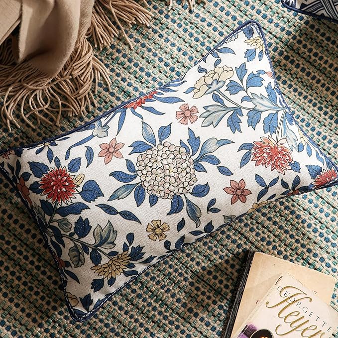 patdrea Designer Throw Pillow Covers,Euro Elegant Linen with Colorful Blooming Floral Pattern Pillow Cover,Decorative Lumbar Pillowcases Cushion for Bed Living Room Outdoor Car,12"x20"
