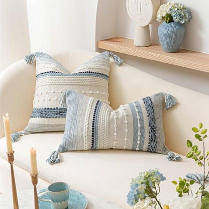 BlissBlush Coastal Blue Boho Decorative Throw Pillow Cover 22x22 Modern Bohemian Accent Pillow Case Square Woven Textured Farmhouse Pillows for Couch Bed (Pack of 1)