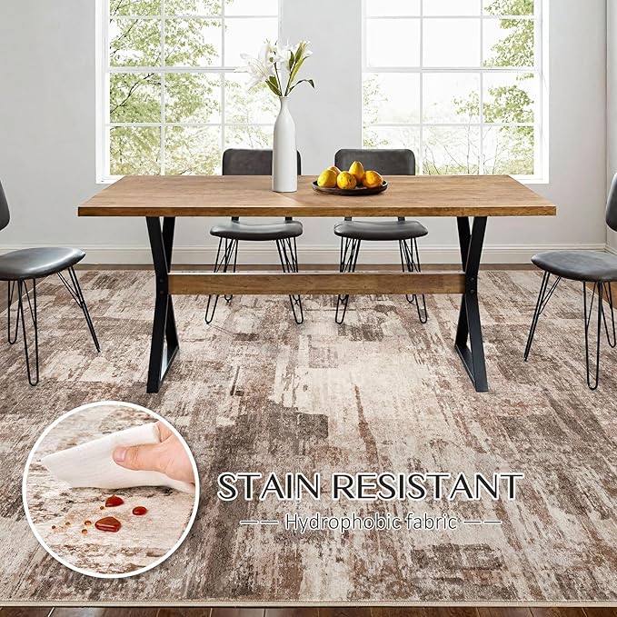 Abstract Living Room Rug 12x18 - Modern Washable Soft Thin Area Rug for Living Room Bedroom Under Dining Table - Neutral Indoor Floor Rug Carpets for Home Office Playroom Nursery - Brown