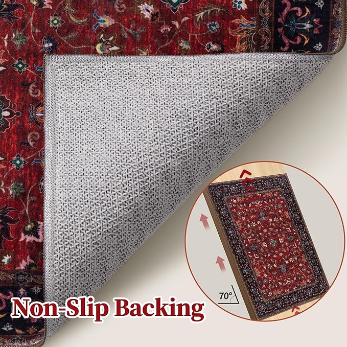Tangsoo 2x3 Washable Rugs for Entryway, Vintage Floral Rug Red Small Area Rug Non-Slip Soft Low Pile, Small Carpet Door Mat, Front Door Indoor Throw Rugs for Entrance Kitchen Entry