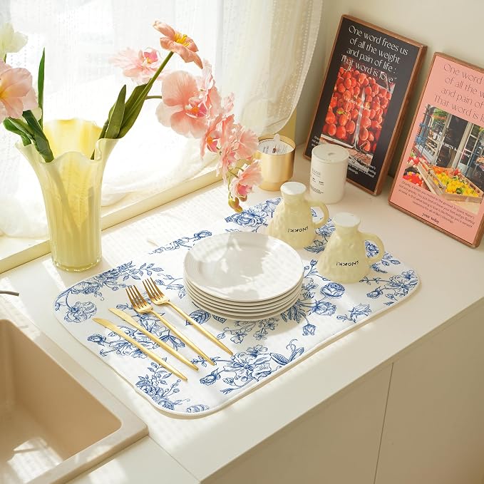 Blue Floral Dish Drying Mats 18x24 Inch Blue and White Chinoiserie Flower - Image 6